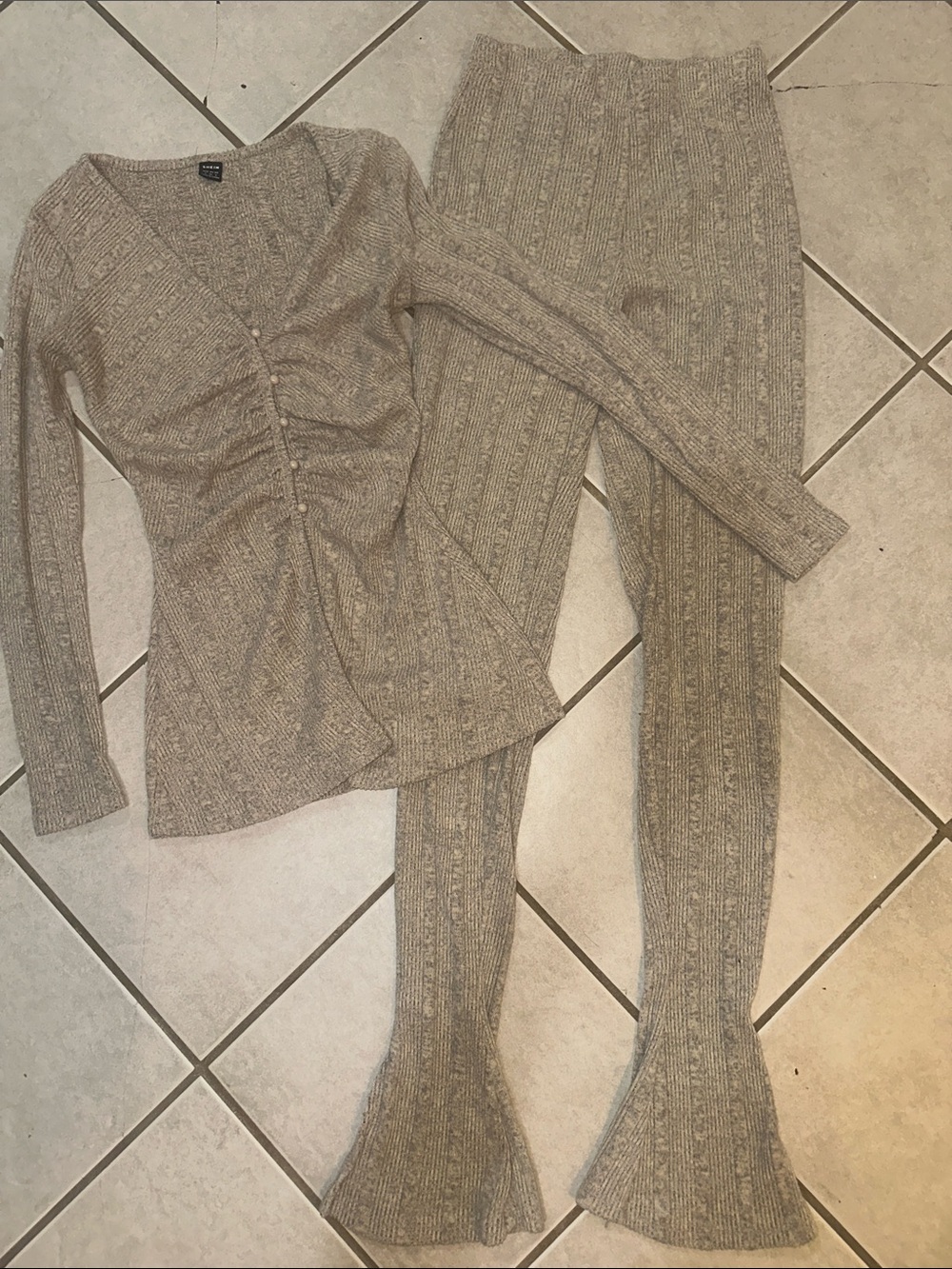 SHEIN Neutral Ribbed Knit Two-Piece Set in Taupe